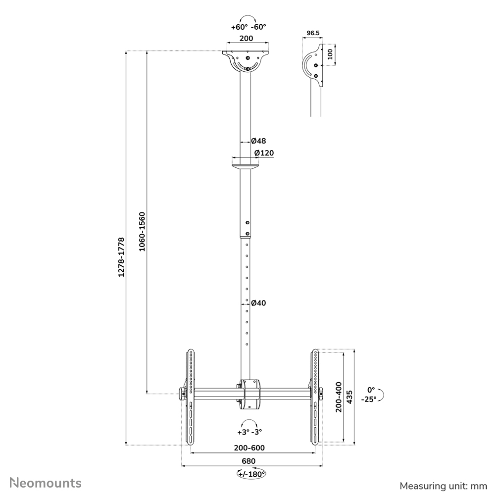 Neomounts CL35-440BL16L Monitor/TV mount ceiling 37-70" - h 106-156 cm